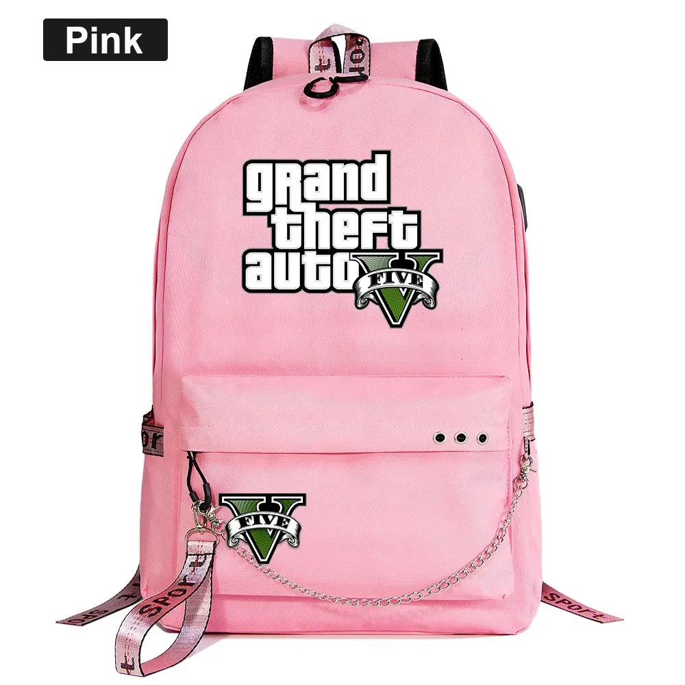 Grand Theft Auto USB Backpack School Bags Mochila Travel Bags Laptop Chain Backpack Headphone USB Port