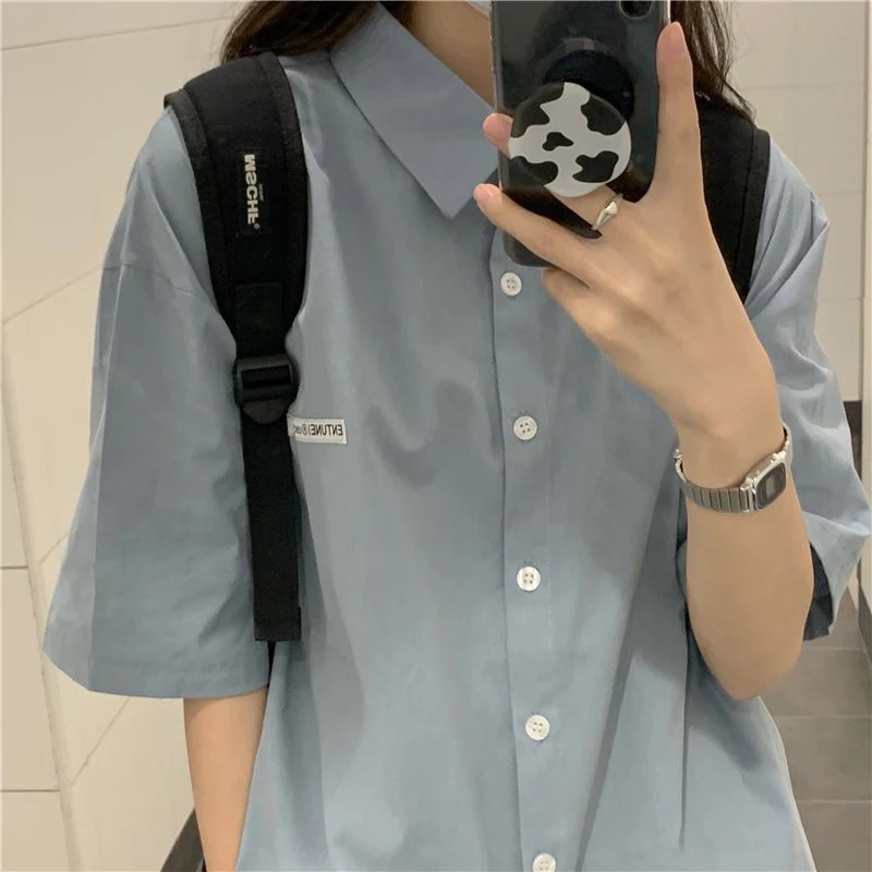 GIDYQ Korean Women White Shirt Elegant Casual Female Loose Short Sleeve Tops College Style All Match Student Button Shirt New