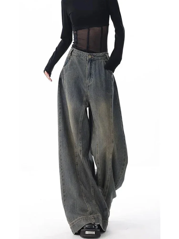 New Women's Vintage High Waist Washed Wide Leg Jeans Korean Fashion Design Y2K High Street Trendy Women Casual Versatile Jeans