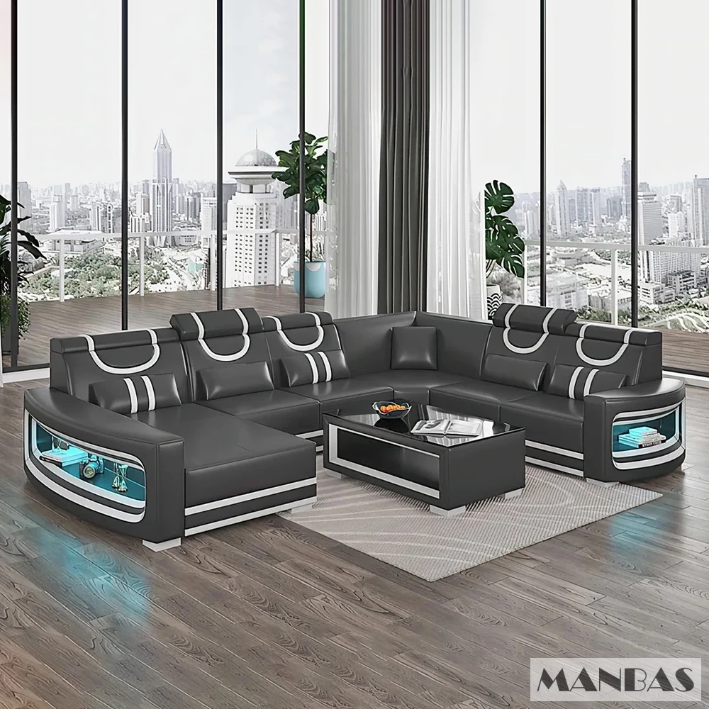 Upgrade Your Living Room with Linlamlim Italian Genuine Leather Sofa - 2 Colors Combination, LED Light & Soft Cushions