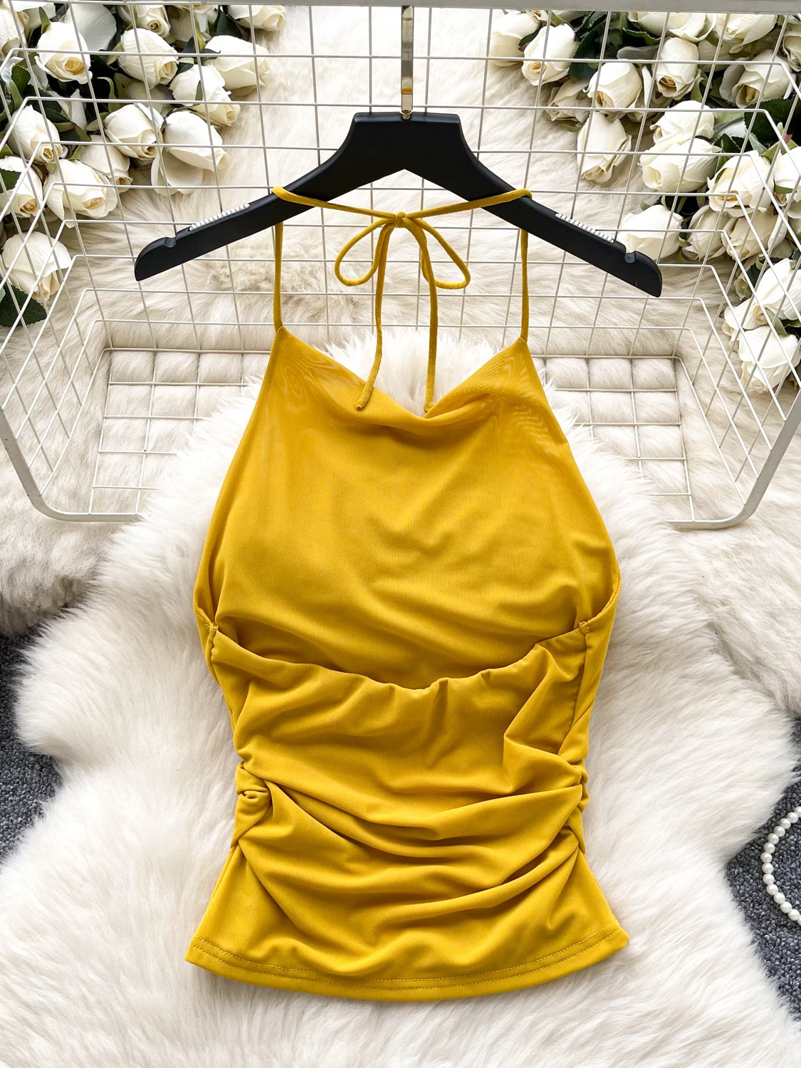 เสื้อกล้ามทรงเข้ารูปแบบเซ็กซี่สำหรับผู้หญิง สไตล์บริสุทธิ์ ดีไซน์จีบระบาย ทรงสวย ใส่สบาย เหมาะกับหน้าร้อน สไตล์สาวฮอต ใส่ไปทำงานได้