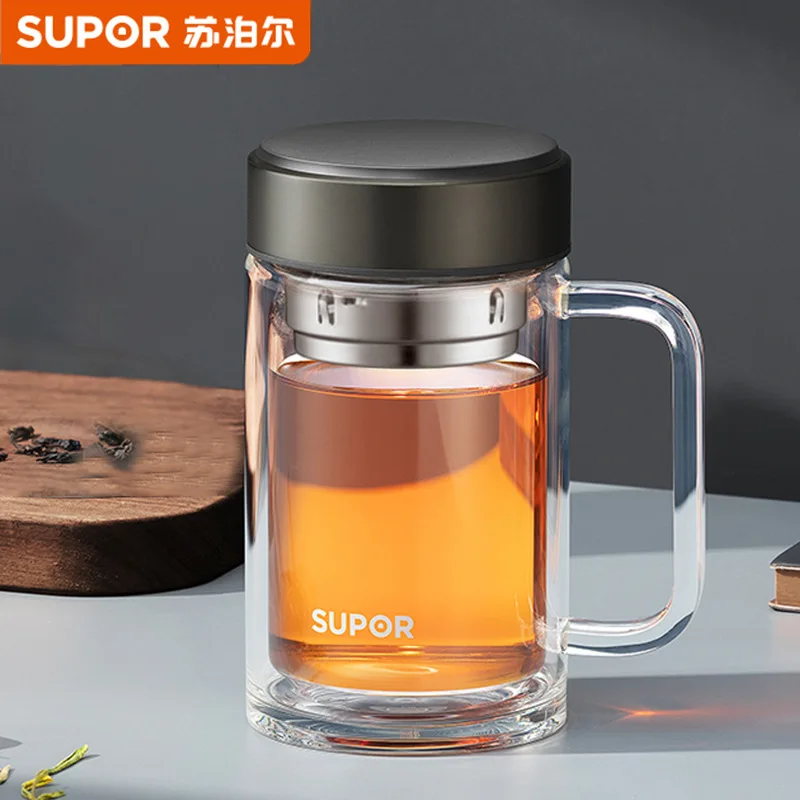 

Supor double-layer glass with handle with lid, heat insulation, women's and men's office tea cup, large capacity