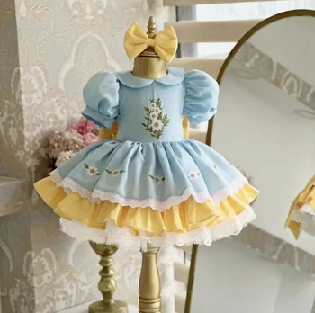 Vestido de princesa Vintage turco con bordado de Margarita azul y amarillo para niña de 0 a 12 años, para cumpleaños, vacaciones, Pascua, fotografía Eid