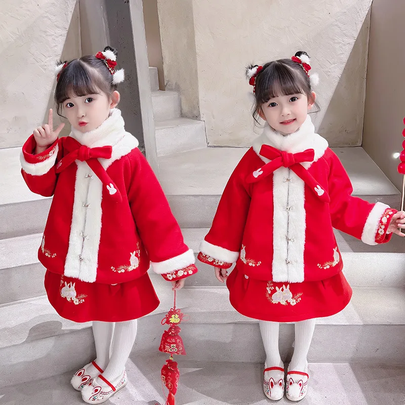 

Winter New Year Dress Girls Chinese Lovely Ancient Hanfu Kids Cotton Embroidery Tang Suit Children Thick And Quilted