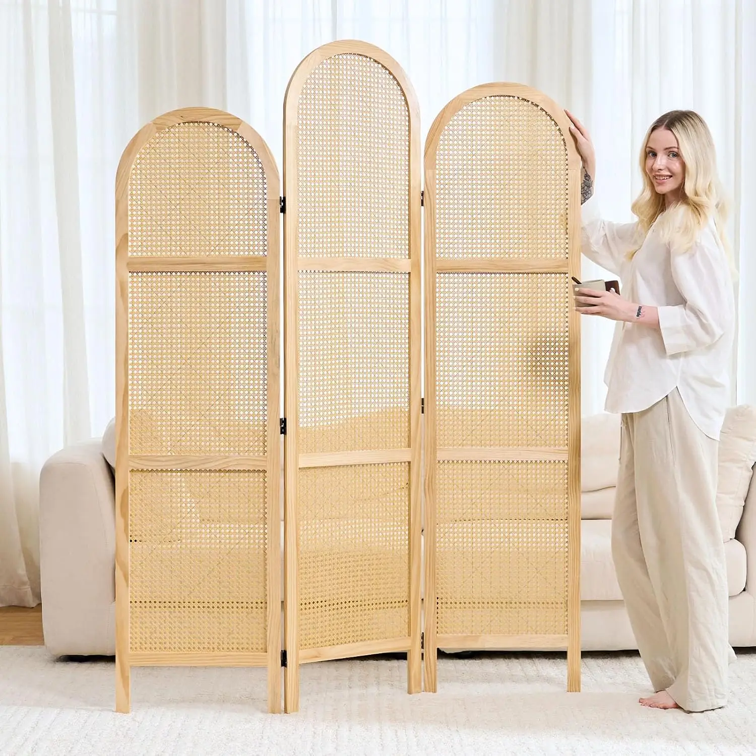 

Folding Room Divider 3 Panels, 5.6 Ft Double Hinged Rattan and Pine Wood Privacy Screen, Freestanding Partition for Bedr