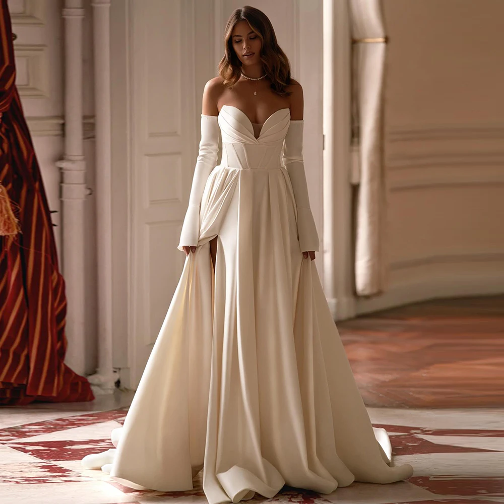 ชุดแต่งงานทรงเอไลน์แบบคลาสสิก แขนกุด ผ้าซาติน พร้อมชายกระโปรงยาวแบบคอร์ทเทรน  สามารถปรับแต่งได้  ชุดเจ้าสาวในฝัน  ผ่าข้าง