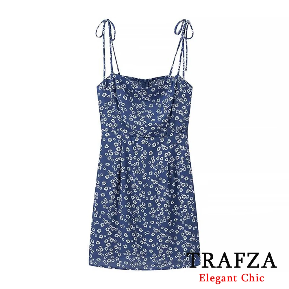 TRAFZA-Mini vestido feminino com bainha de girassol, estampa casual, gravata borboleta, vestido cami, férias na praia, moda verão, novo, OOTD, 2024