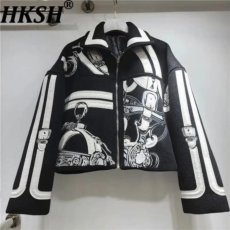 

HKSH Autumn Winter New Women Short Woolen Jacket Heavy Embroidery Patchwork Contrast Color Zipper Streetwear Trendy Coat HK12891