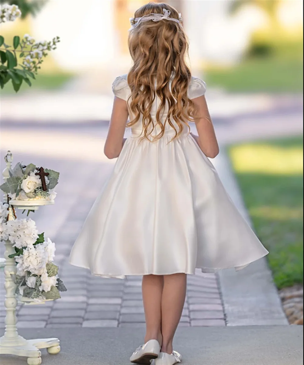 

Cute Ivory Flower Girl Wedding Dress Satin Lace Pleated Princess Birthday Party Prom Dress Pure First Communion Gown Customized