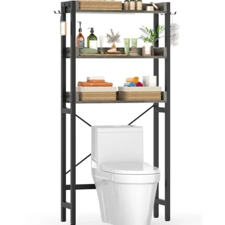 

Стеллаж для хранения над унитазом, 3-ярусная полка-органайзер для ванной комнаты, отдельно стоящий, экономит место, с 4 крючками, серый