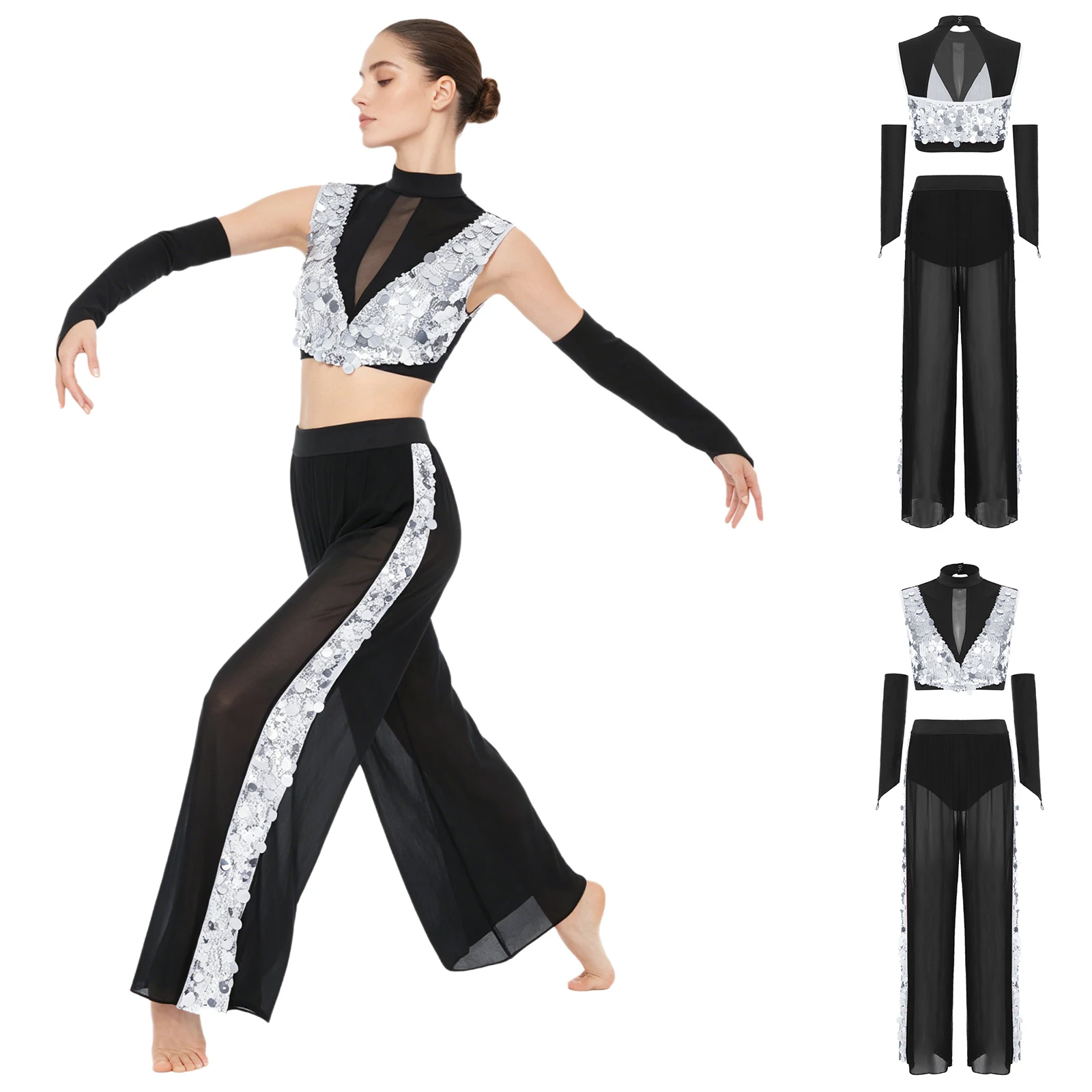 

Women Lyrical Modern Gymnastic Dance Outfit Sleeveless Sequin Crop Top And Mesh Pants Gloves Ballroom Contemporary Dancewear Set