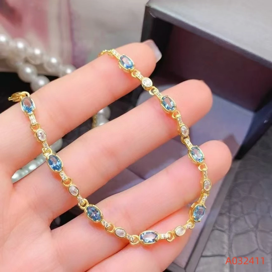 

Fine Jewelry Natural Swiss Blue Topaz Women's Bracelet S925 Pure Silver Exquisite Inlaid Full Clarity Gem Support Testing Party,