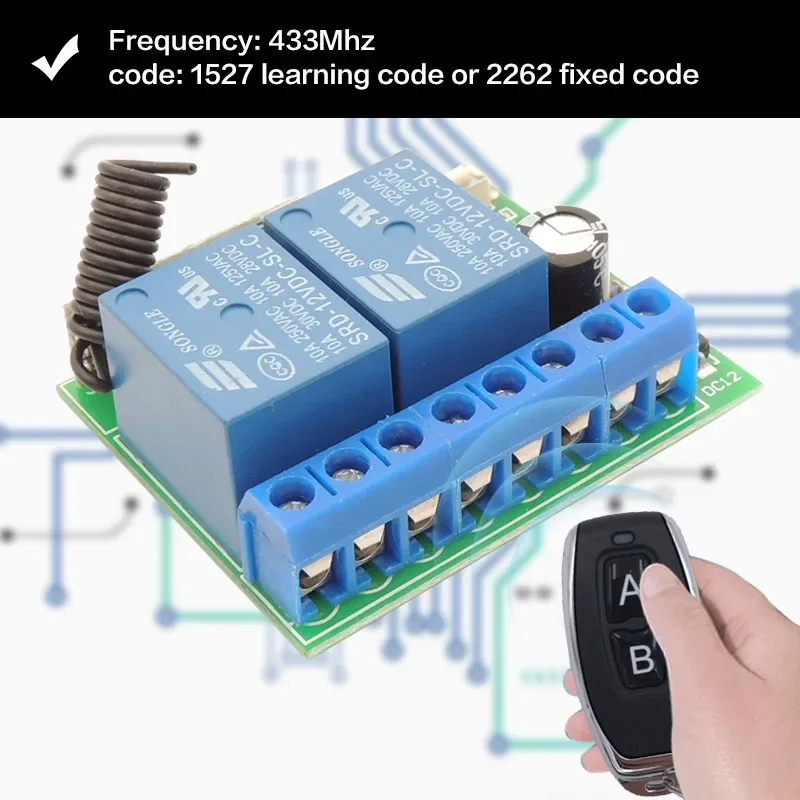 433MHz Universal Wireless Remote Control DC 12V 2CH rf Relay Receiver and Transmitter for Universal Garage door and gate Control