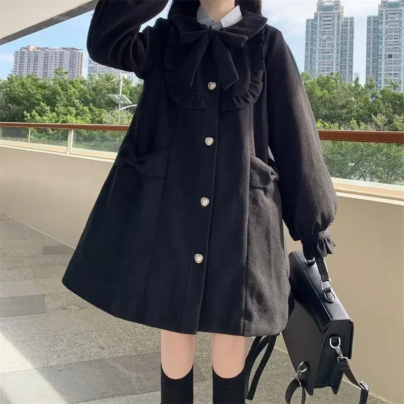 Coalfell Winter Warm Kawaii Sweet Coat Women White Japanese Cute Long Wool Coat Female Peter Pan Collar Loose Korean Overcoat