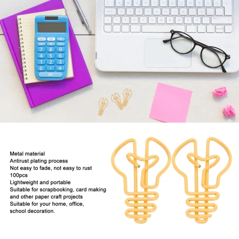 100pcs Bulb Shape Paper Clips Increased Slip Resistance Rust Prevention Plating Process Metallic Paper Clips For Office Yellow