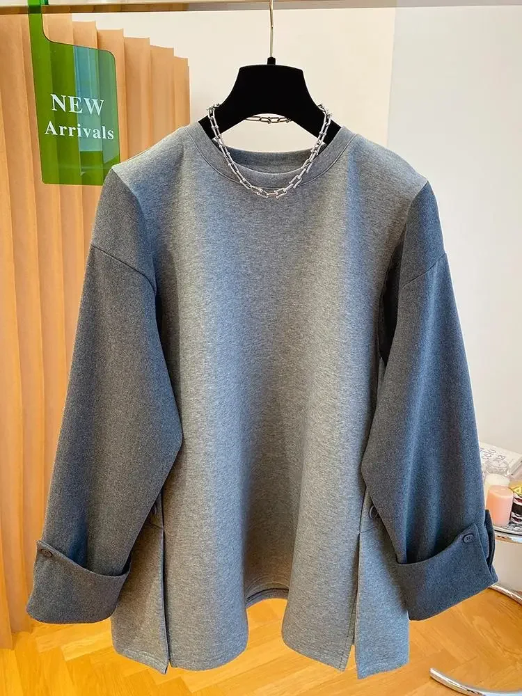 SuperAen النمط الأوروبي والأمريكي رمادي موضة المرقعة بأكمام طويلة البلوز المرأة بلوزات فضفاضة منتصف طول