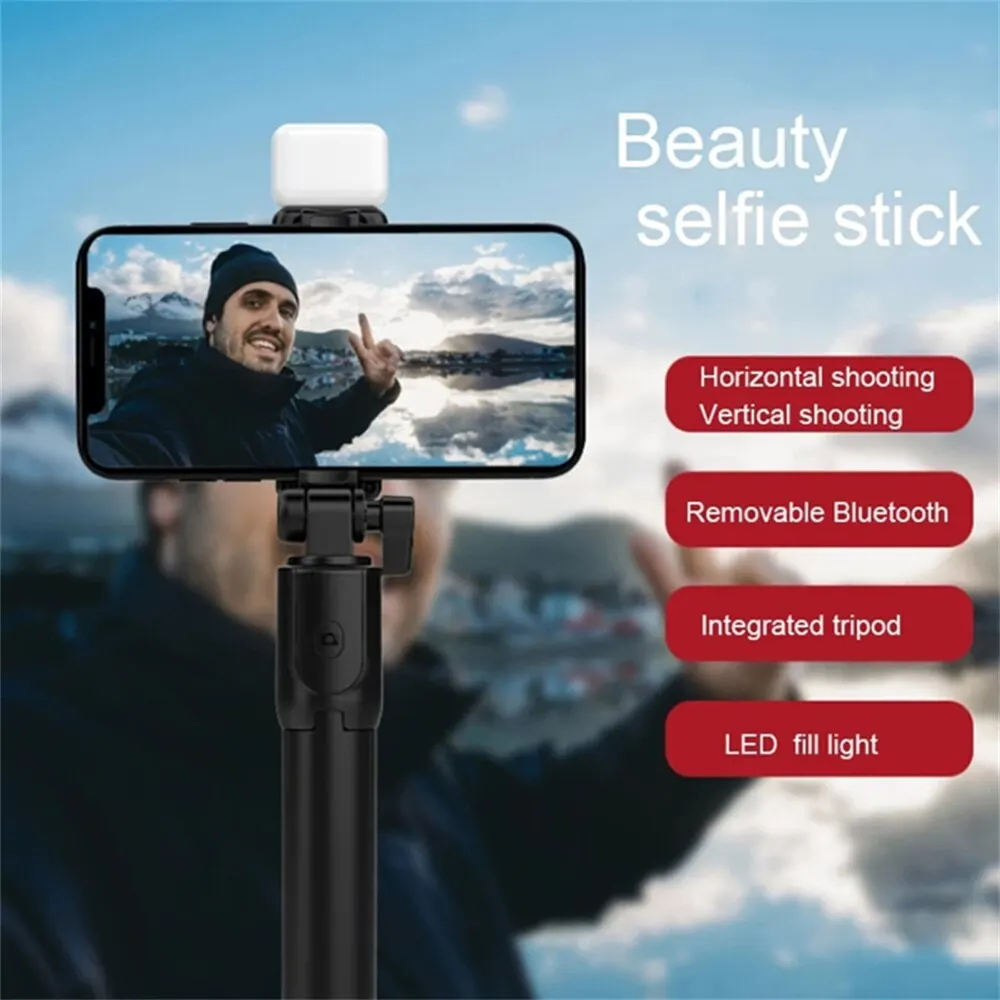 R1 Selfie Stick Support de téléphone portable, mini trépied portable rétractable avec obturateur à distance Bluetooth sans fil et lumière LED selfie