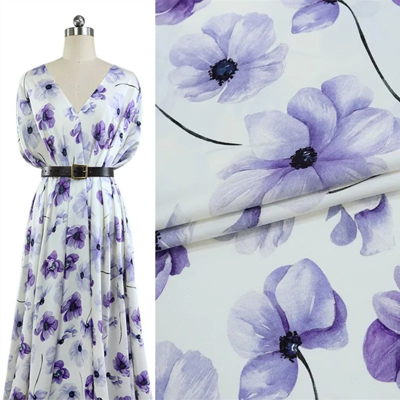 

Purple Flying Flower Summer Thin Elastic Rib Double Qiao Mulberry Silk Fabric High Grade DIY Women's Dress Satin Crepe Fabric