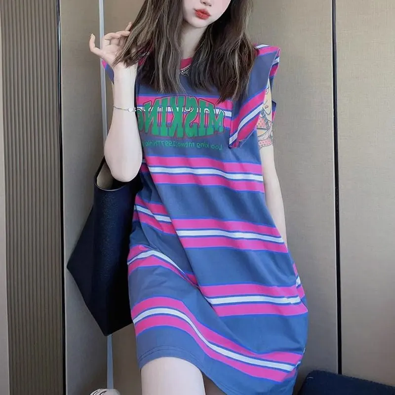 

Casual Contrasting Colors Striped Mini Dress Female Clothing Korean Loose Short Sleeve Spliced Summer Letter Printed Dresses New