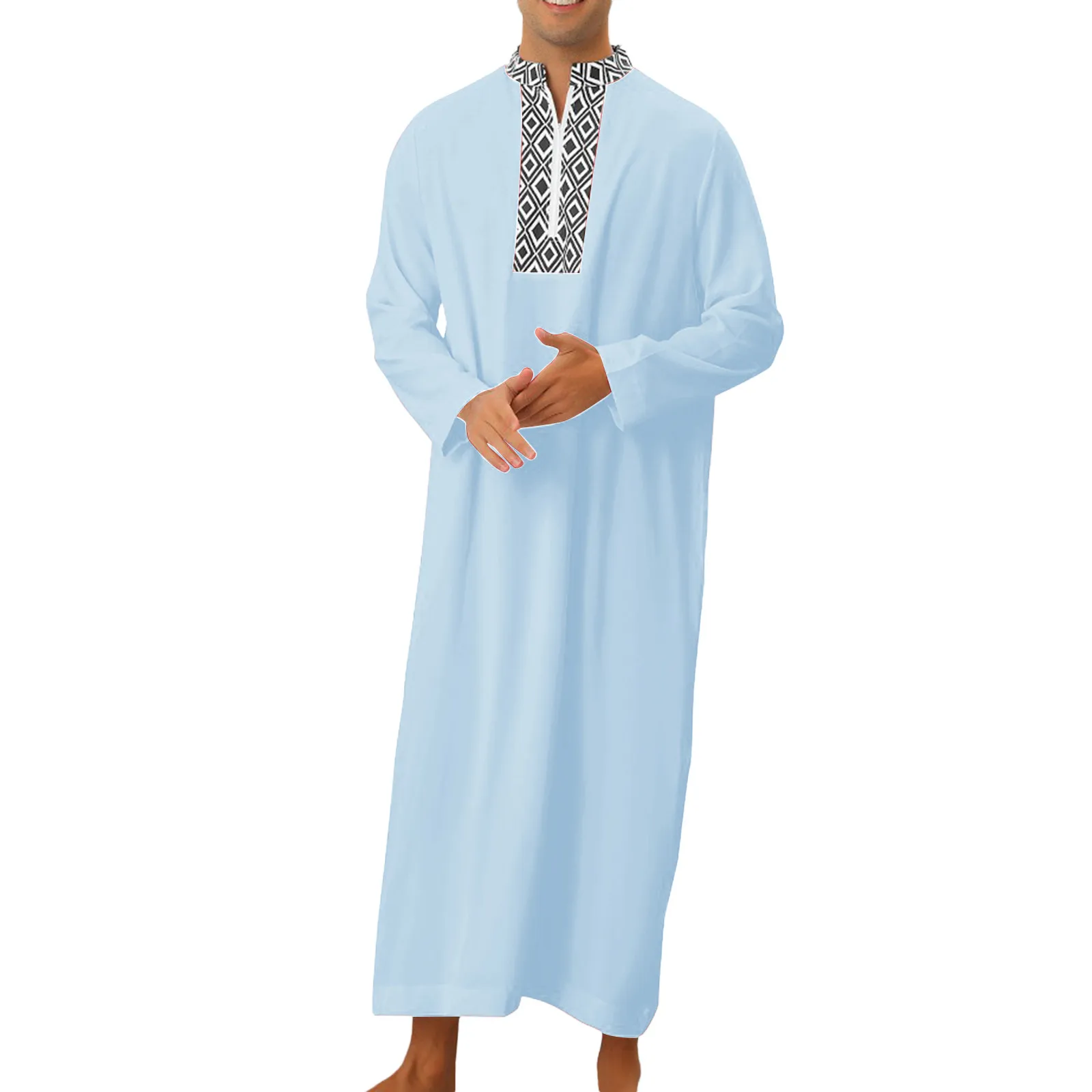 Thobe Jubba à manches longues pour hommes, mode musulmane, col en V, robes imprimées, col montant, caftan arabe islamique, Abaya pour hommes