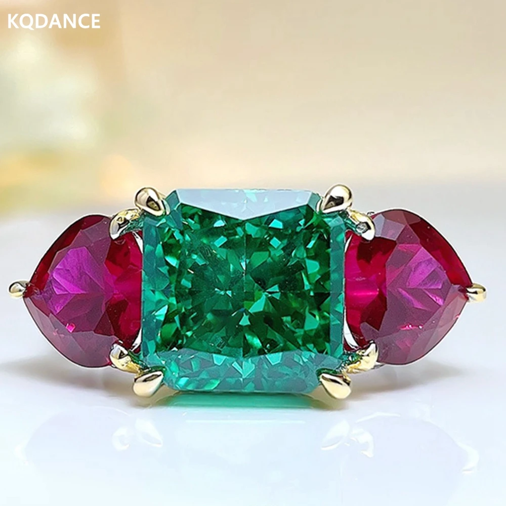 

KQDANCE 925 Sterling Silver 5Ct High Carbon Diamond Create Heart Ruby Square Emerald Rings with Green Red Stone Women Jewelry