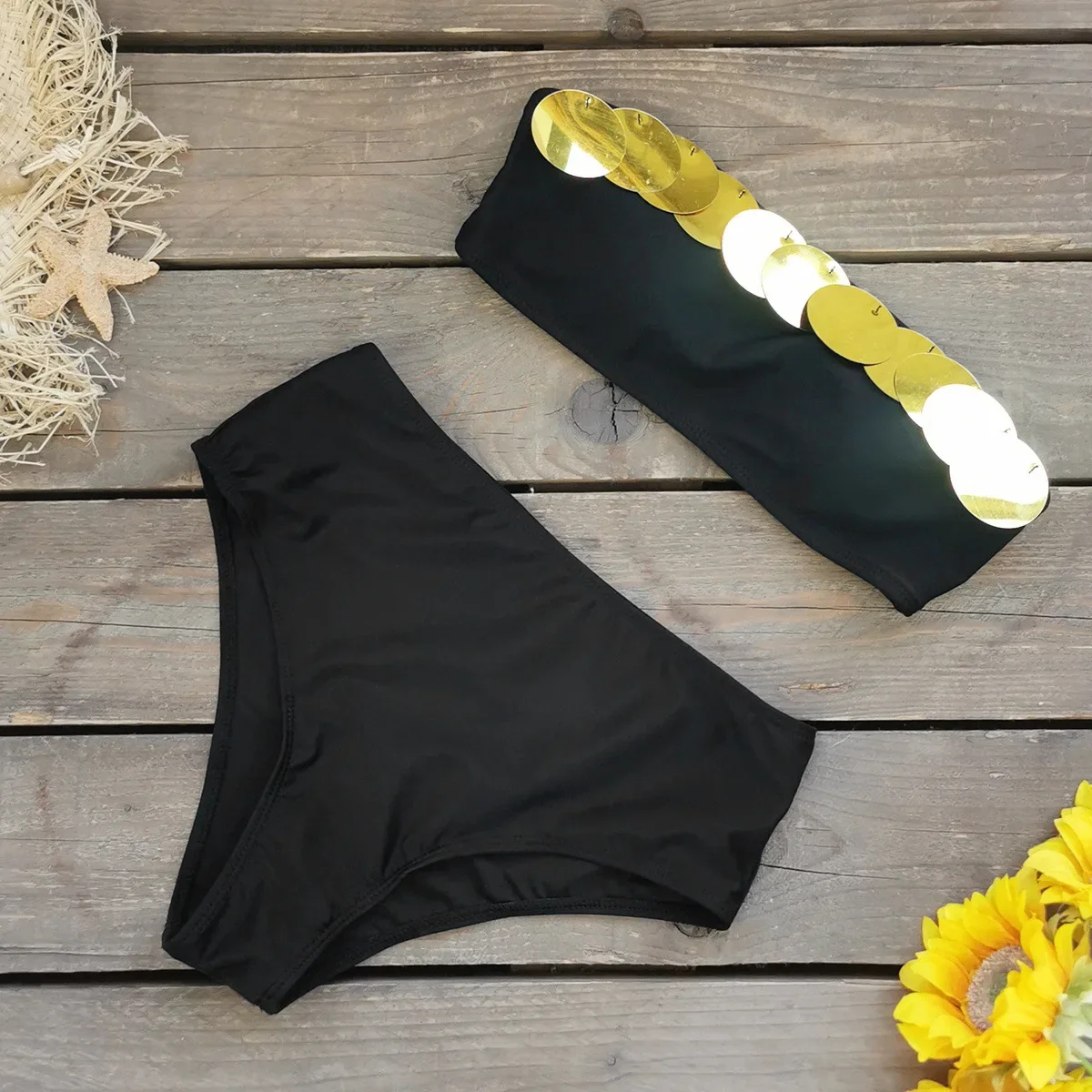 

Женский купальник без бретелек из чистого черного золота с блестками и высокой талией, комплект бикини, сексуальная летняя пляжная одежда, купальный костюм