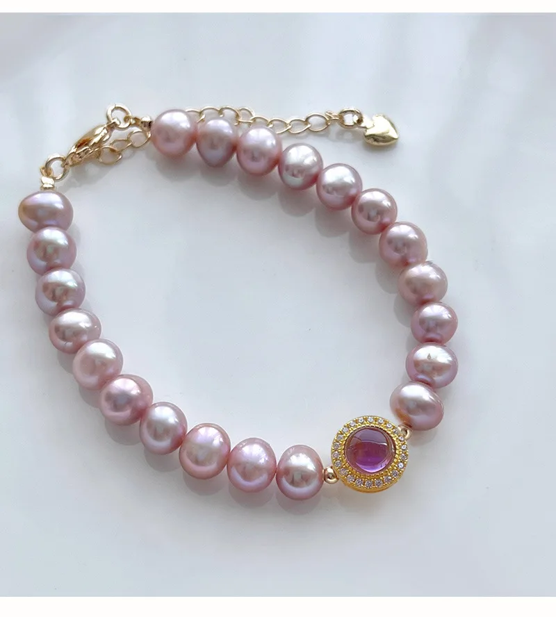Natural Colorful Natural amethyst Pearl Bracelet 7.5-8' 925 Leopard Head Fine Jewelry Amethyst bracelet Rose quartz bracelet