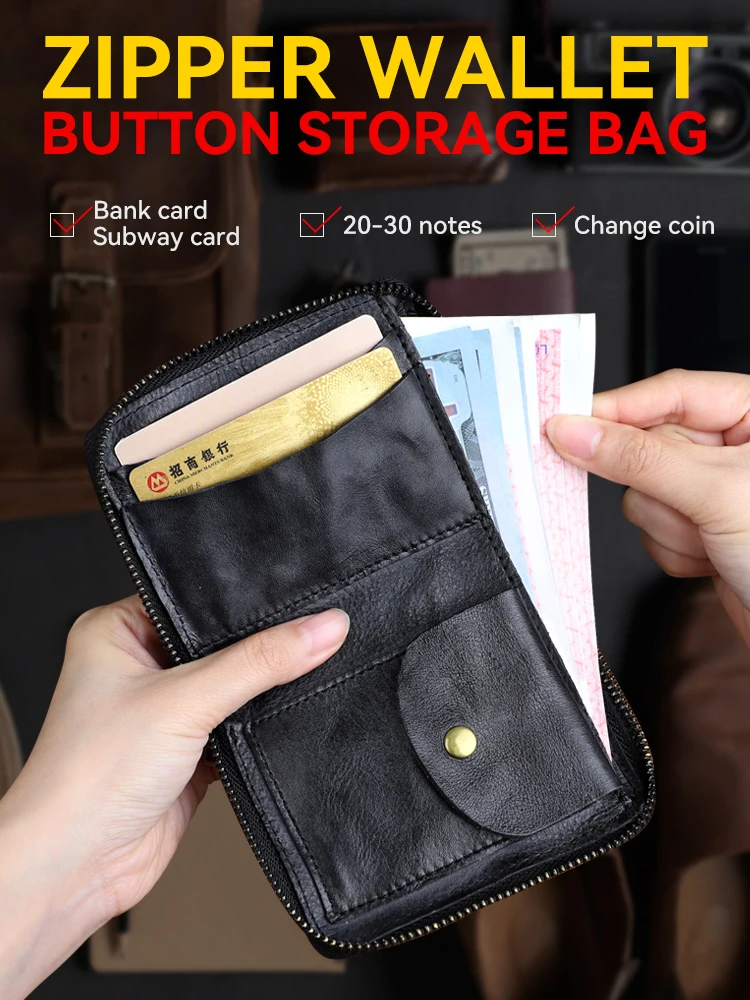 Portfel męski z prawdziwej skóry Retro etui na karty ze skóry bydlęcej z zamkiem błyskawicznym z kieszonką na monety mała mini męska portmonetka — zdjęcie 2