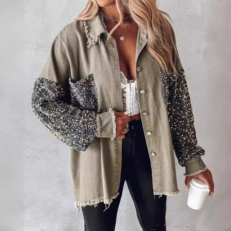 

Contrast Sequin Raw Hem Shacket Women Jackets & Coats Tops