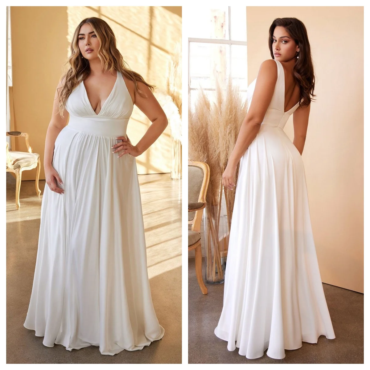 

Plus Size Women White Halter Deep V Neck Sleeveless Pleated Flowy Floor Length Vestidos Formal Wedding Party Evening Gown