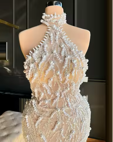 Luxury High Neck Mermaid Wedding Party Dress with Side Slit Ivory Sleeveless Evening Dress Pearl Sequin Prom Dress Customized