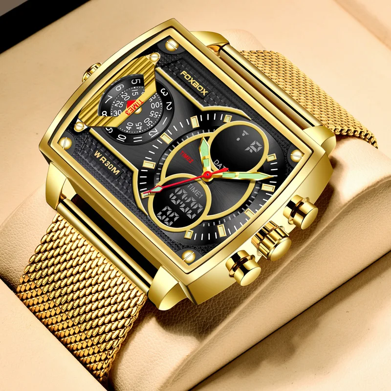 FOXBOX Fashion Casual Watch Men Digital Dual Time Week Gold Sport 3bar Waterproof Quartz Wristwatches Clock Relogios Masculino