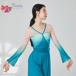 Classical Dance Top Performance Practice Costume Women Color Gradient Waist Tie Saree Shirt Blouse Flowy Lyrica Training Clothes