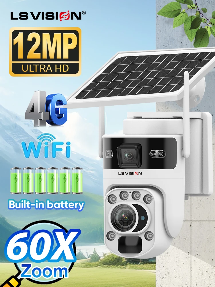 LS VISION 12MP 60X Optyczny Zoom Kamera Solarna 4G z Podwójnym Ekranem WiFi PTZ Wykrywanie PIR Kolorowy Tryb Nocny Dwukierunkowe Audio Automatyczne Śledzenie Człowieka Wodoodporność IP65 Inteligentne — 2