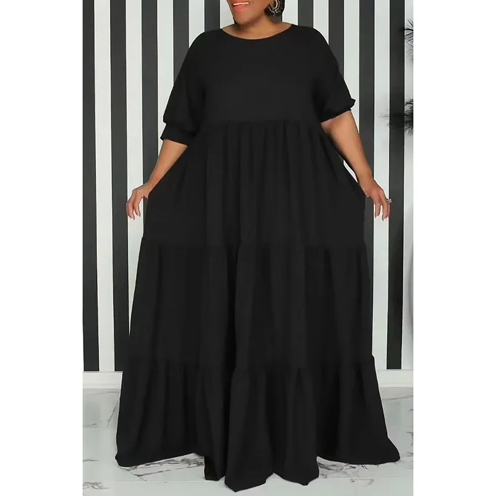 Plus Size Holiday Dress Spring Summer Hot Pink Round Neck Half Sleeve Loose Long Maxi Dress