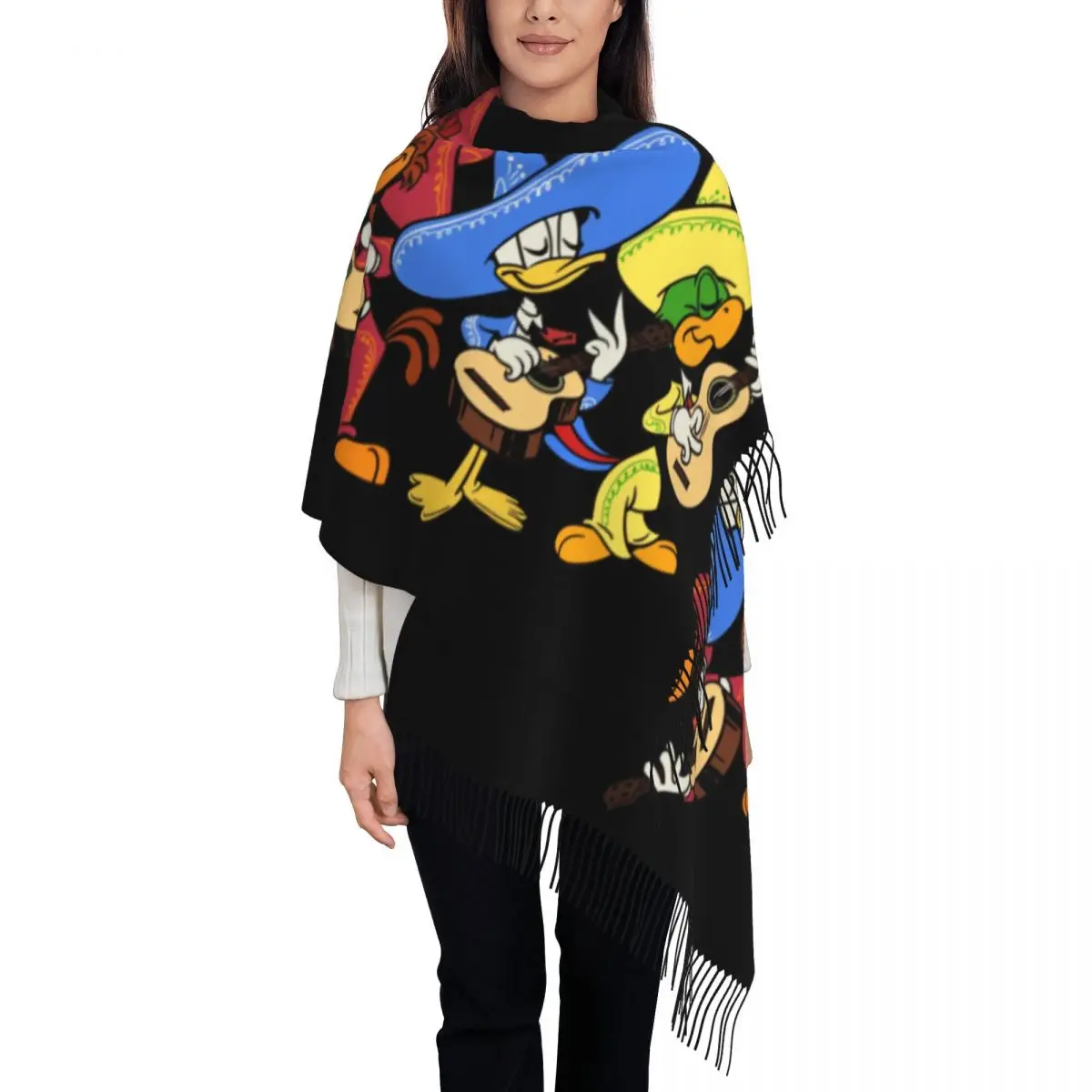 

Custom The Three Caballeros Donald Duck Tassel Scarf Women Soft Shawls Wraps Lady Winter Scarves