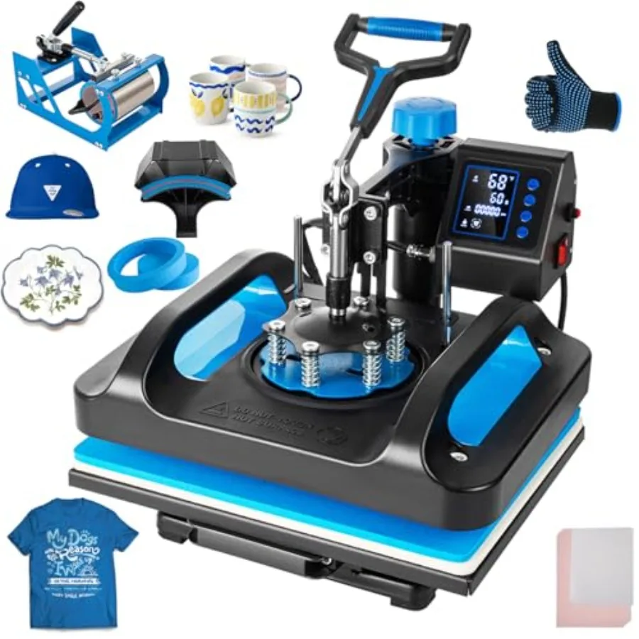 

5 in 1 Heat Press Machine for T-shirts, mugs, caps: 12x15 inch sublimation press with 360-degree swing-away design, industrial-