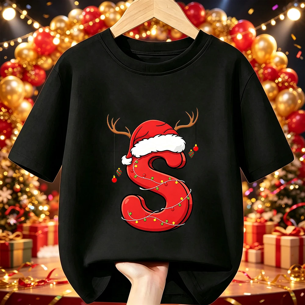 Baumwoll-Kinder-Weihnachts-T-Shirt mit Cartoon-Weihnachtsmann, Rentiergeweih, Lichterkette, A-Z-Druck, Kurzarm, O-Ausschnitt, Weihnachtsfeier-T-Shirt, Kinderbekleidung – Detail 4
