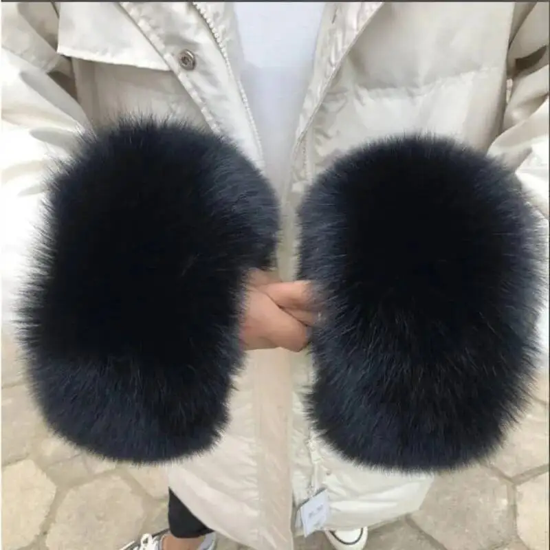 진짜 여우털 커프스 여성용 털 팔찌 슬리브 겨울용 따뜻한 털 커프스 여성용 진짜 여우털 팔 커프스