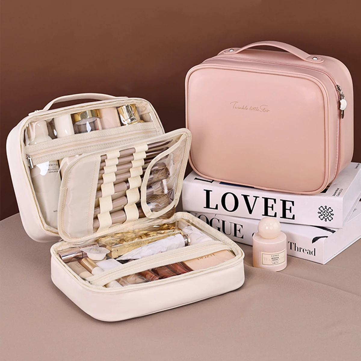 Three in One Makeup Bag For Women PU Leather Portable Organizer Bag Travel Cosmetic Brush Toiletries Storage Bags