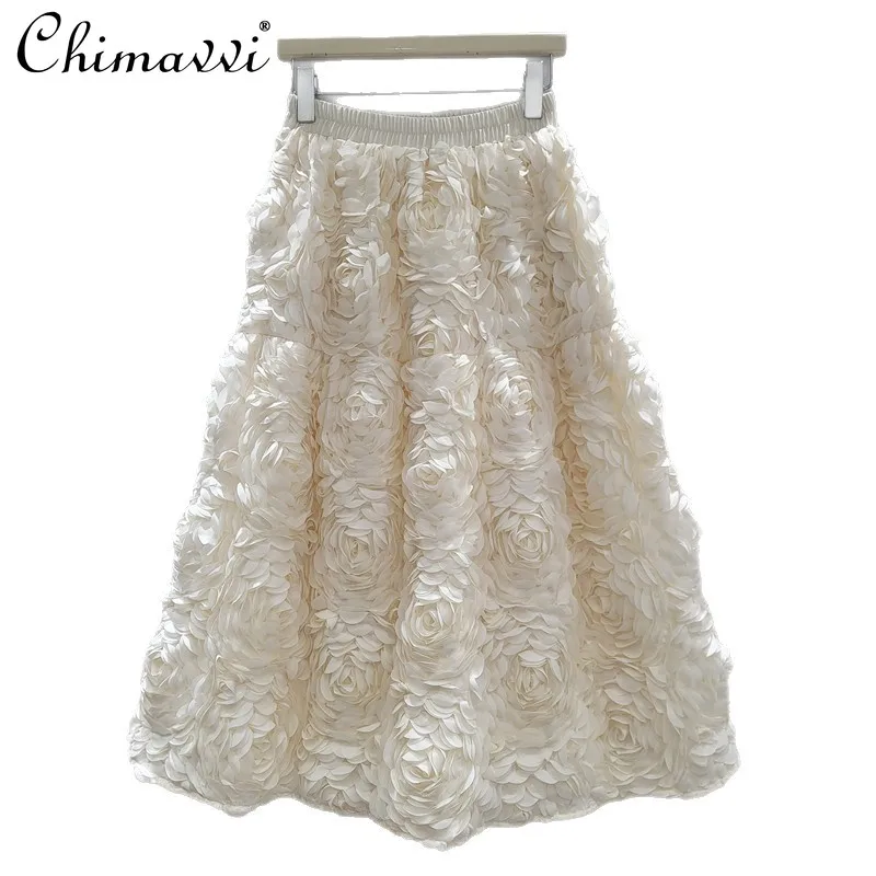 

French Elegant Style Heavy Industry 3D Flower Long Skirts Elastic High Waist A-line Sweet Versatile Casual Skirt Women Summer