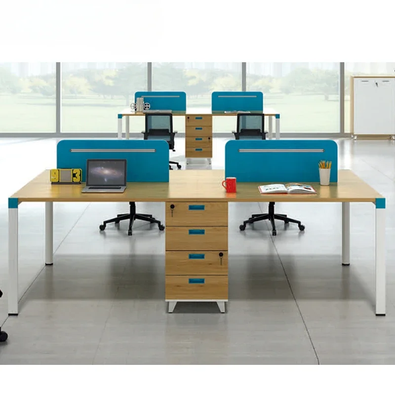 Simple Wooden Workstation Blue Screen Desk Partition With Four Metal Legs Employee desk office furniture