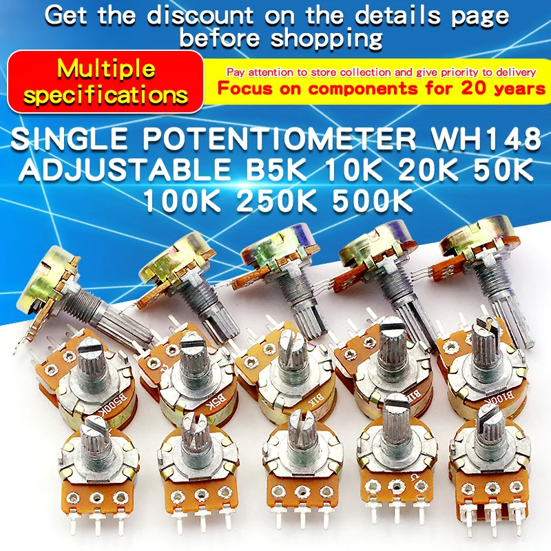 

5PCS 5K 10K 20K 50K 100K 250K 500K Ohm WH148 20mm 3Pin Single link Linear Taper Rotary Potentiometer for Arduino