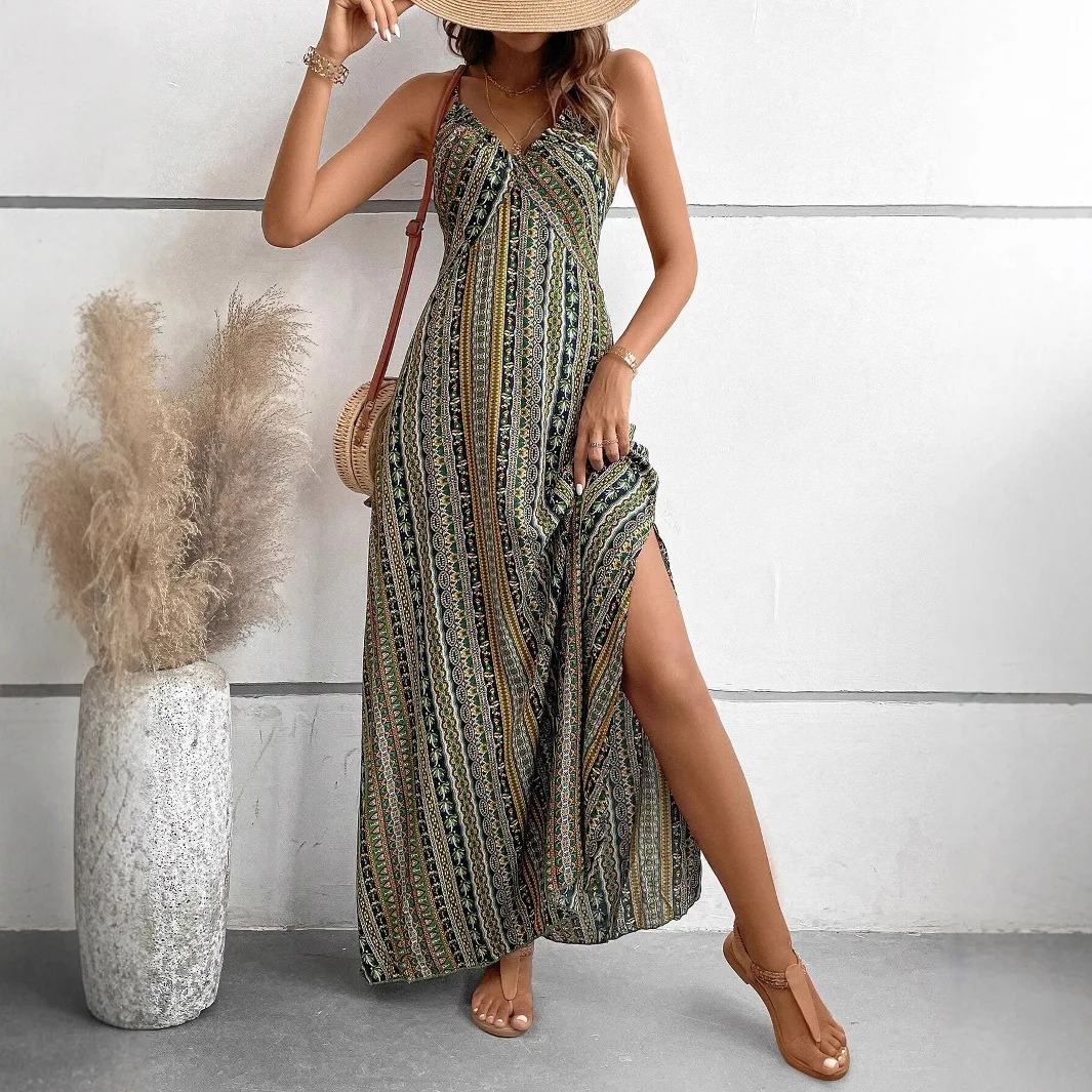 Abito stampato da donna in stile Boho alla moda Abito da canotta sexy con apertura sul retro 2025 Estate Nuovi abiti da spiaggia per le vacanze dimagranti Abiti da donna