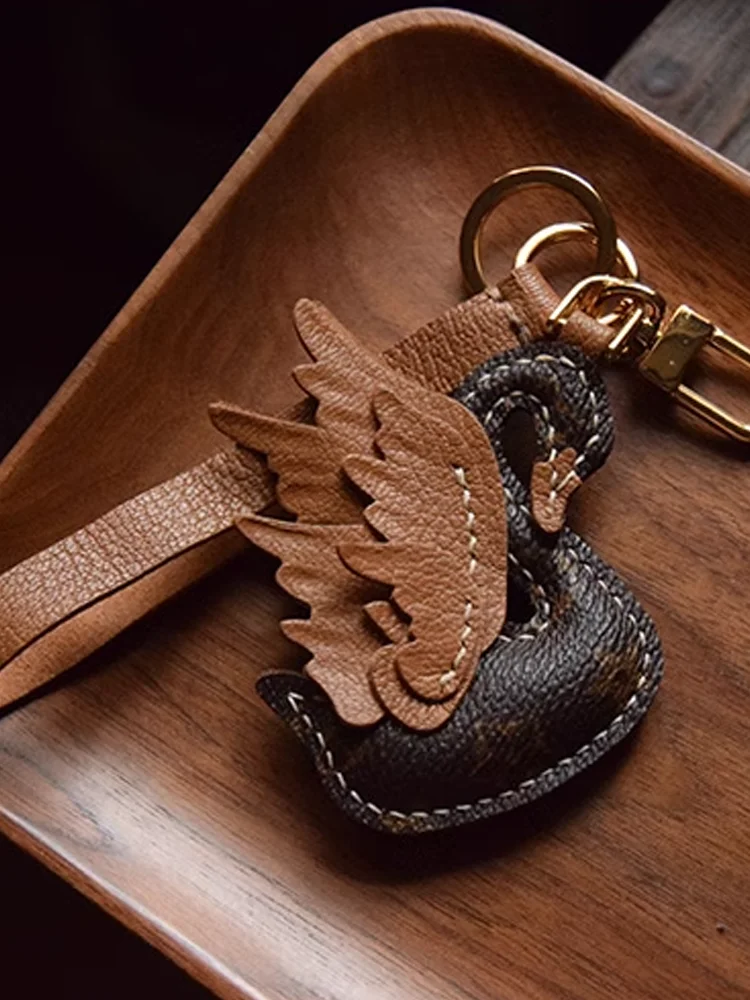 Keychain Bag Pendant Handmade PU Leather Brown Swan Elegant For Man Or Woman Gift