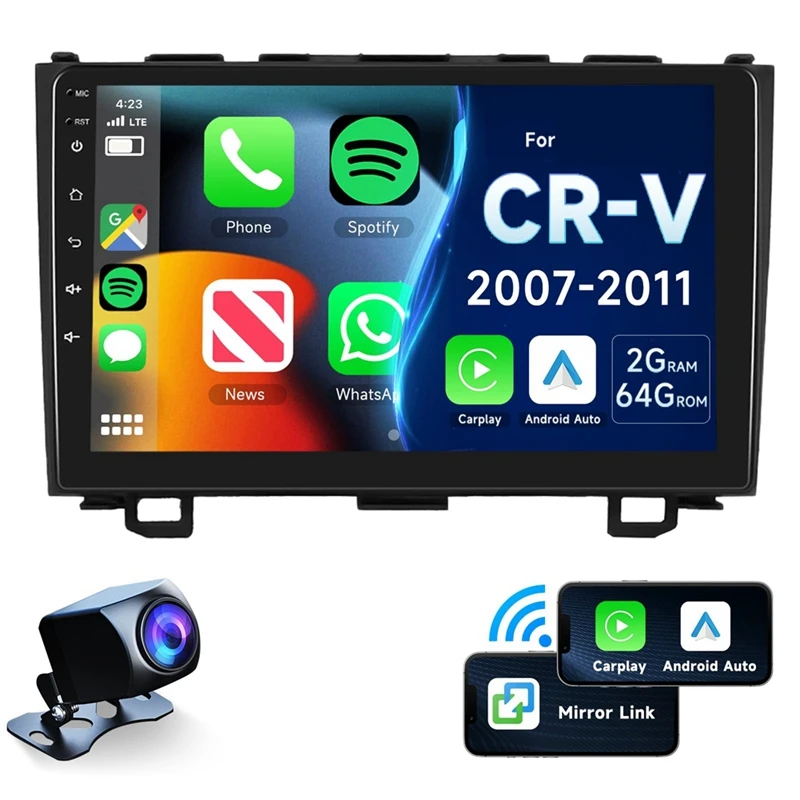 

2G + 64G для Honda CRV 2007-2011 Android автомобильный радиоприемник стерео, беспроводной Carplay Android Auto 9-дюймовый сенсорный экран Bluetooth аудио