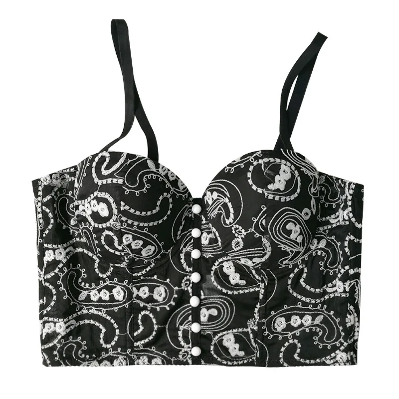 Street Style Bustier Top Embroidery Corset with Built-in Bra & Removable Straps Women's Sexy Boned Cami for Clubbing & Outerwear