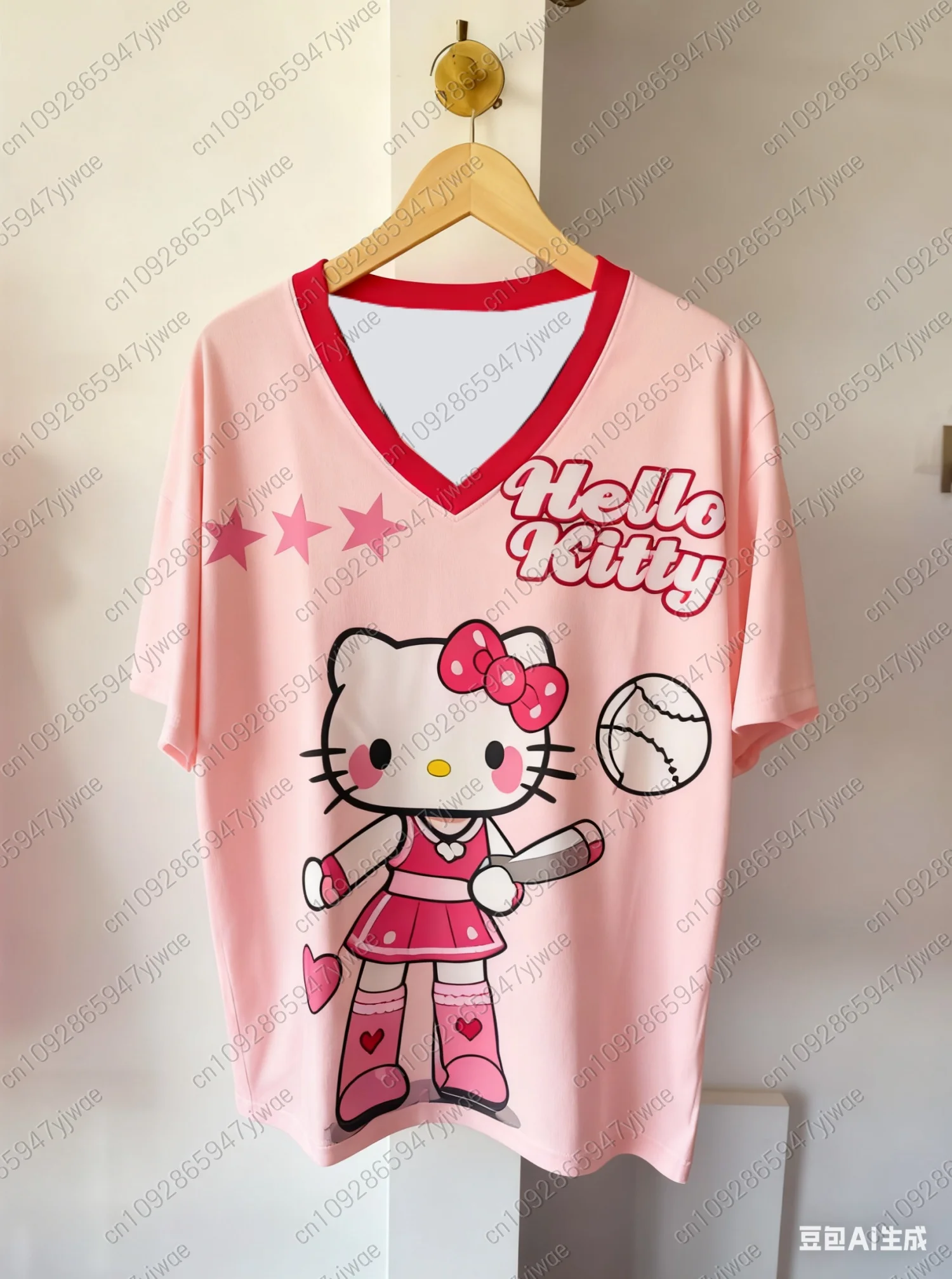 

2025 Лидер продаж, женская милая футболка с принтом «Hello Kitty», легкая дышащая футболка с v-образным вырезом и короткими рукавами, женская футболка из джерси, бейсбола