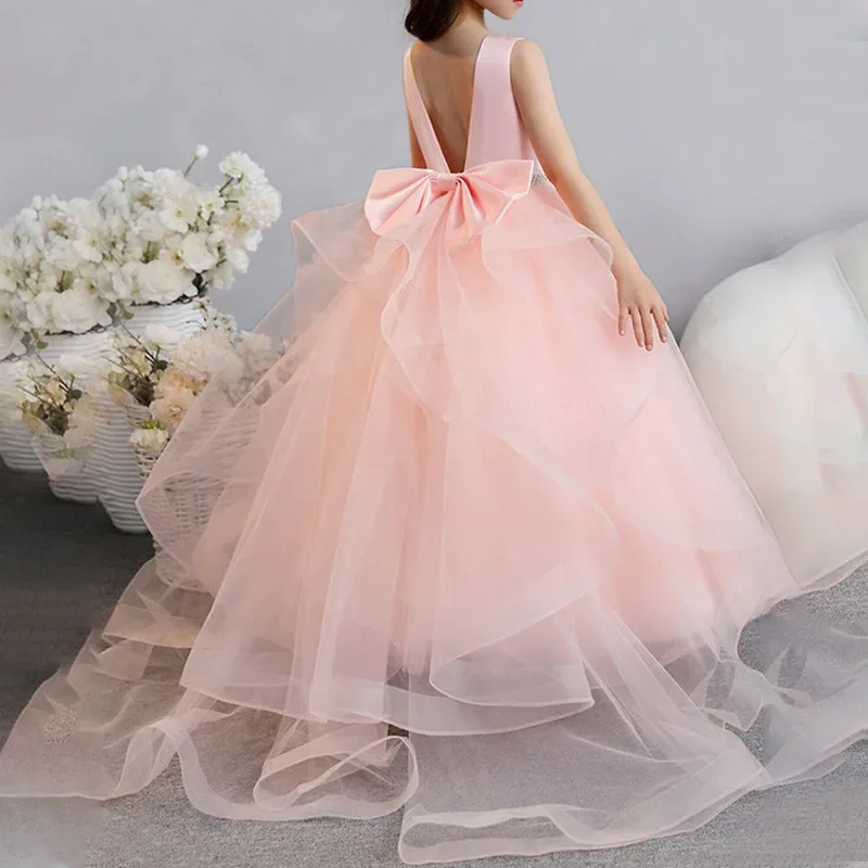 

Cute Pink Flower Girl Dress Detachable Tail Beaded Belt Bow Children Kids Baby for Wedding Birthday Party First Communion Dress