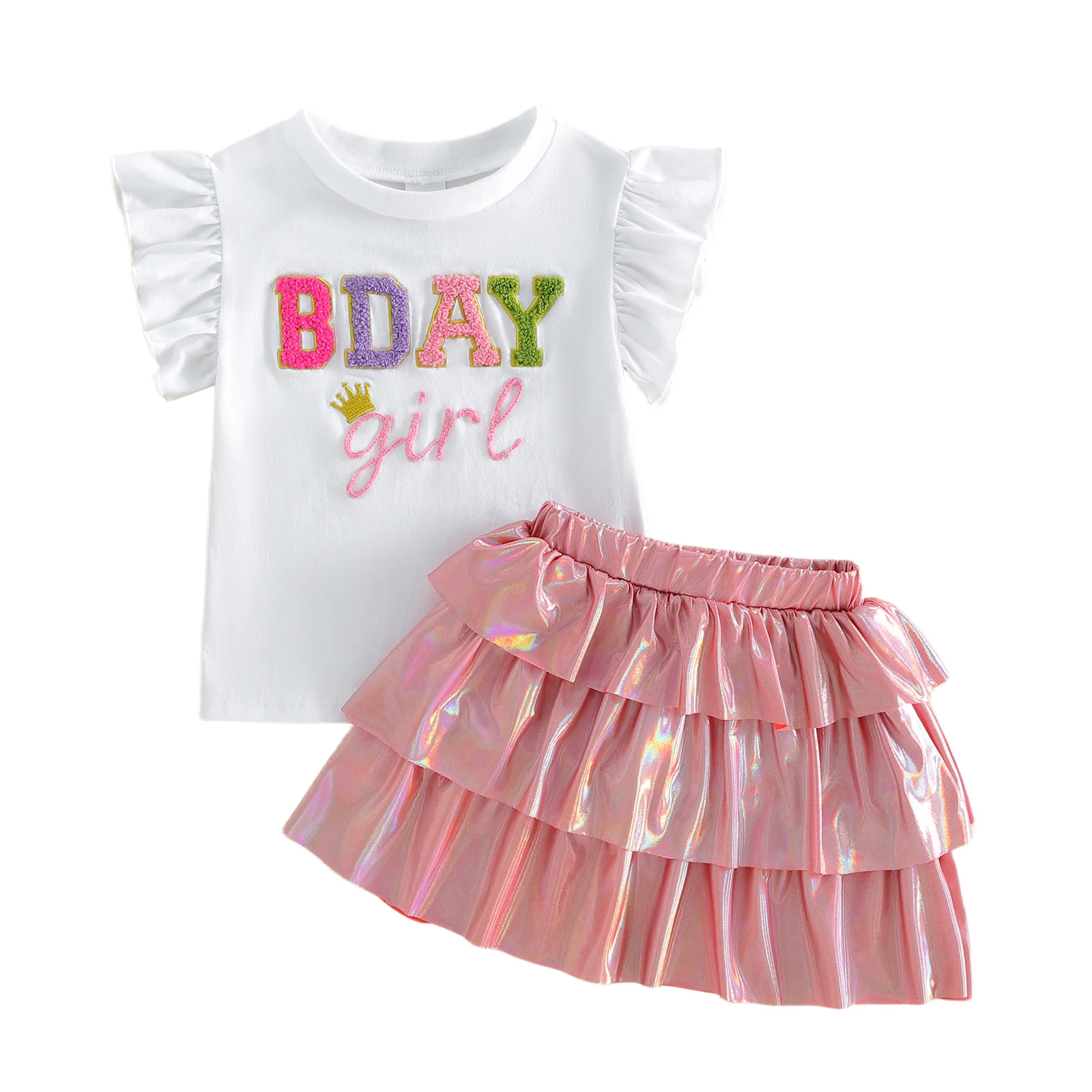 

Комплект из 2 предметов для девочек на день рождения: топ с короткими рукавами, круглым вырезом, вышивкой в виде букв и короны, и многослойная юбка с рюшами для летней вечеринки